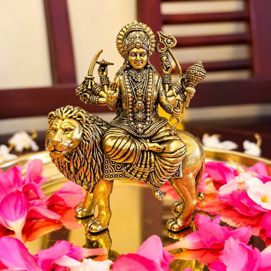 Antique Gold Finish Goddess Durga Brass Idol (11.5 cm) | Simhavahini Durga Statue on Lion